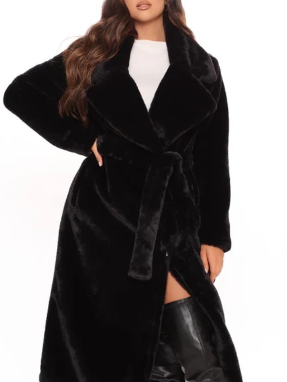 Fashion Nova Black Faux Fur Belted Long Coat